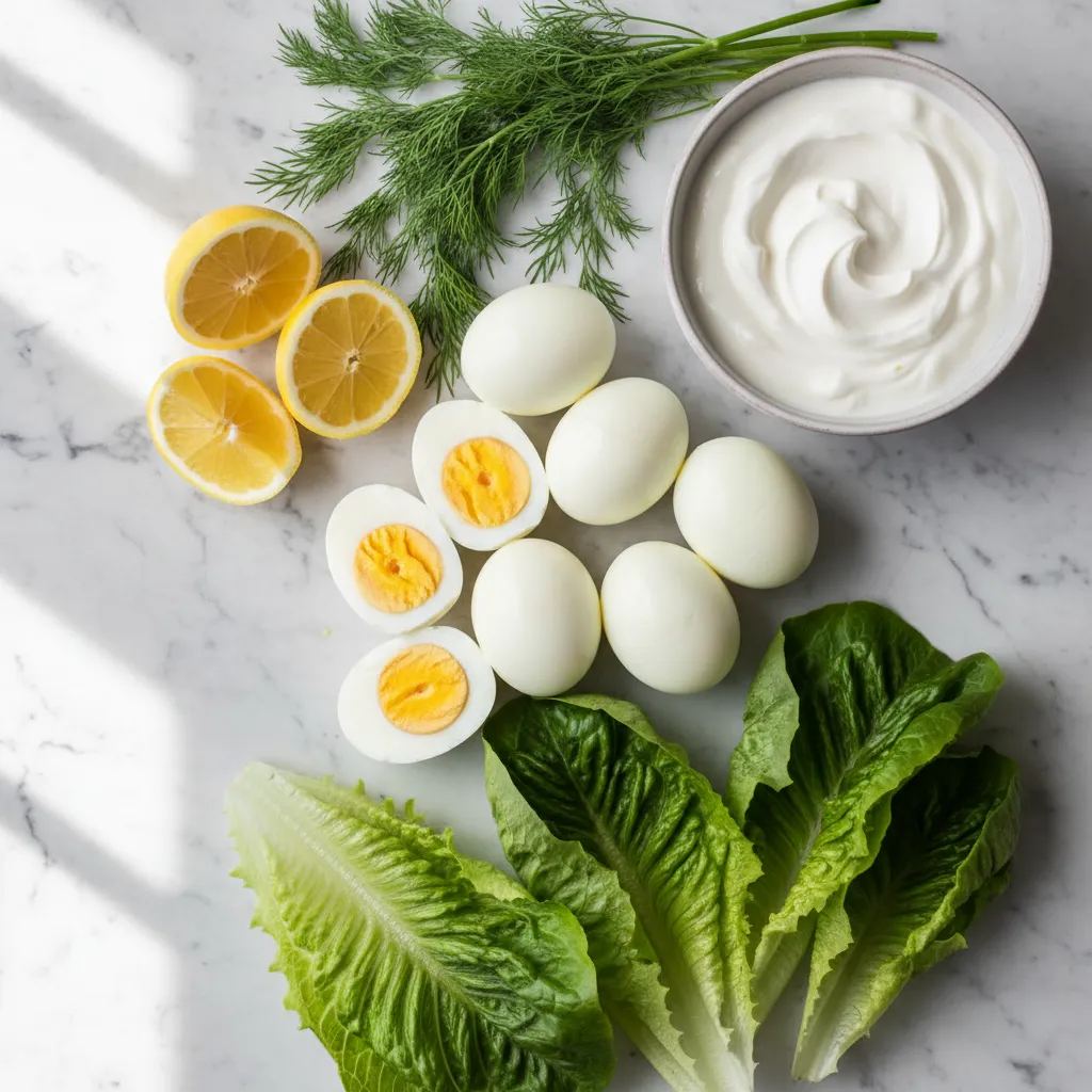 Mise en place of eggs, Greek yogurt, herbs, and lettuce for egg salad