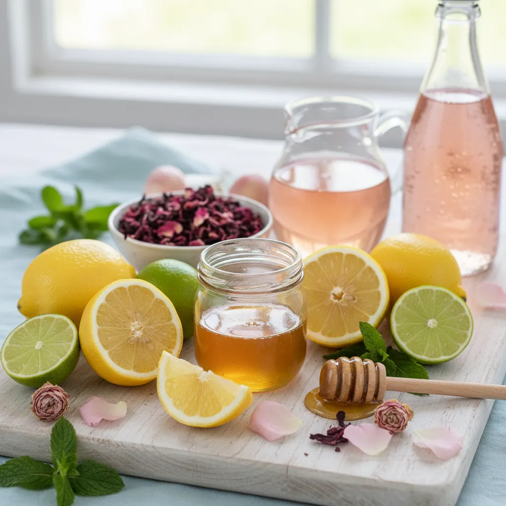 Ingredients for a pastel pink Easter mocktail including lemon and honey.