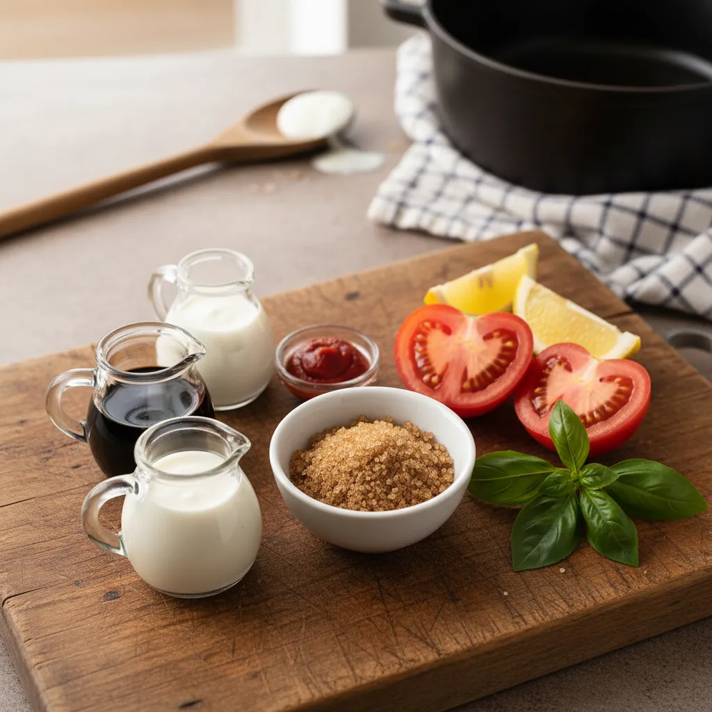 A bowl of sugar, balsamic vinegar, and heavy cream