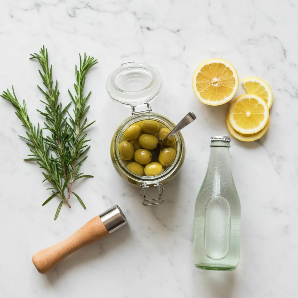 Flat lay of rosemary sprigs lemon and olive brine for mocktail recipe