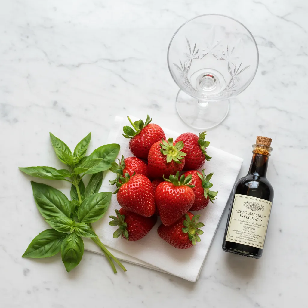 Fresh strawberries basil and balsamic vinegar ingredients on marble