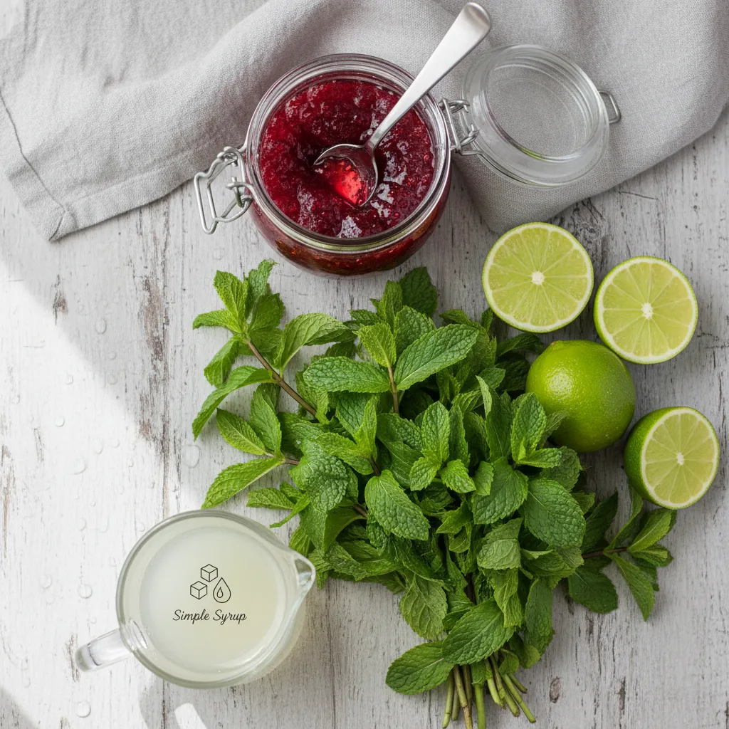 Ingredients for a homemade jam mojito mocktail