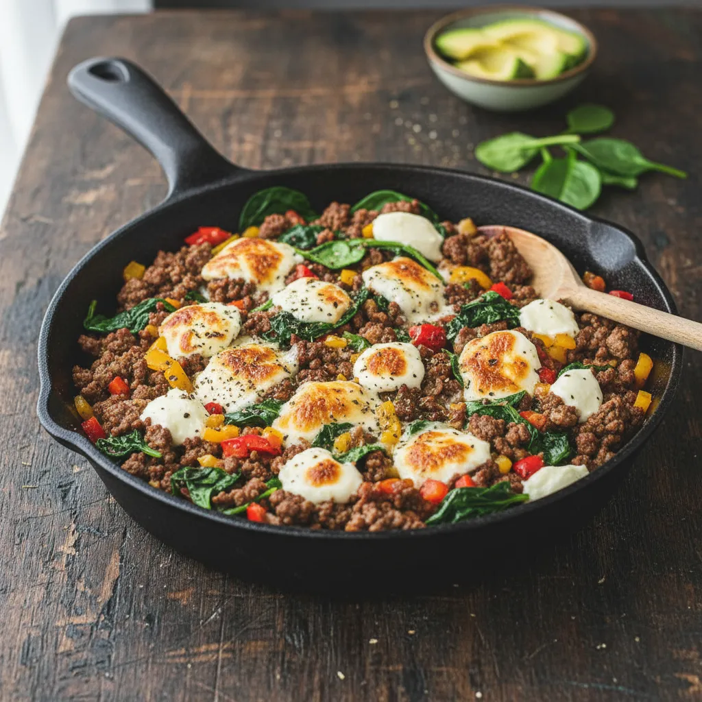 Cast iron skillet with keto friendly ground beef and melted cheese