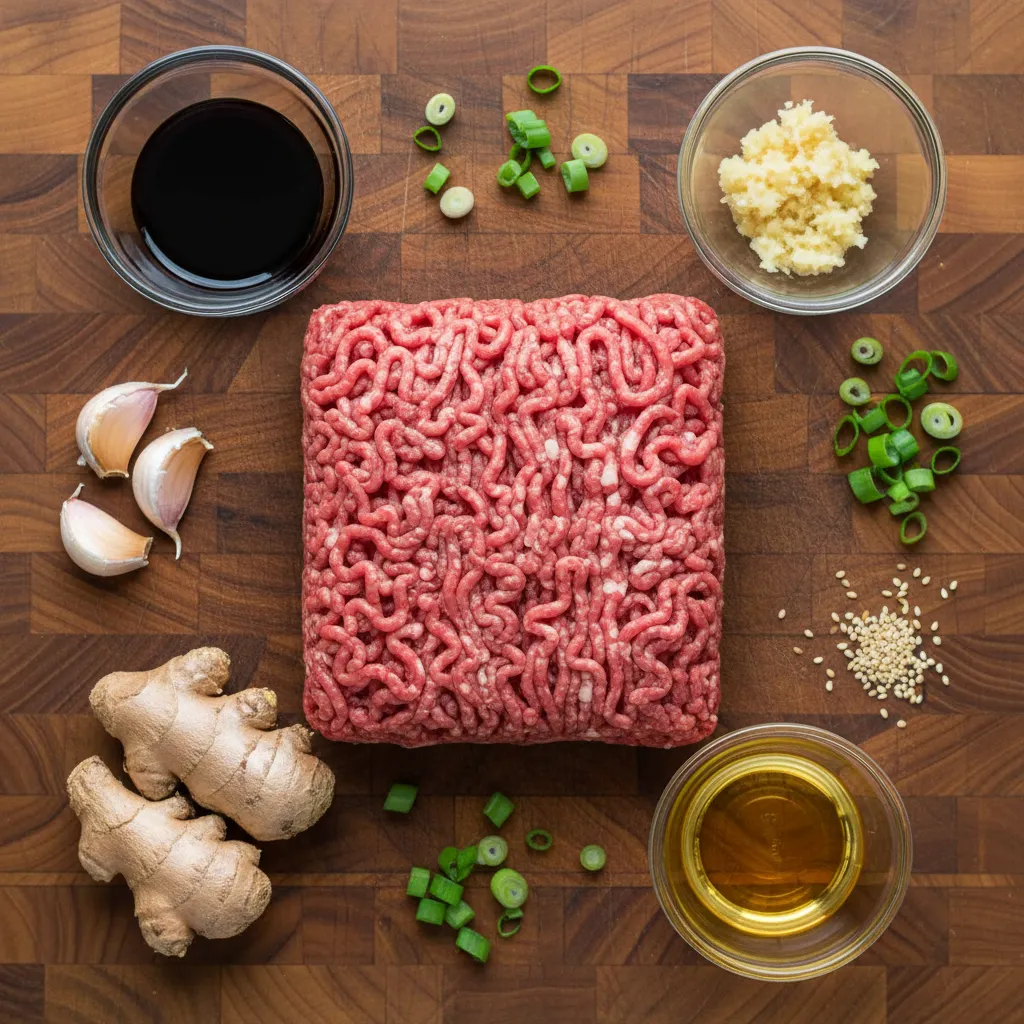 Ingredients for Korean ground beef on a wooden cutting board