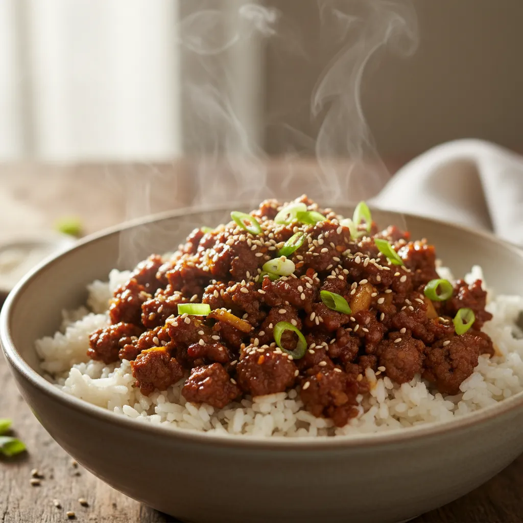 Steaming bowl of Korean ground beef with sesame seeds and green onions