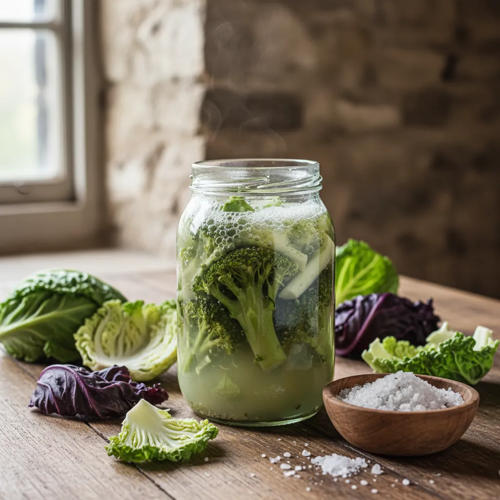 Bubbling jar of lacto-fermented broccoli stems on a wooden board