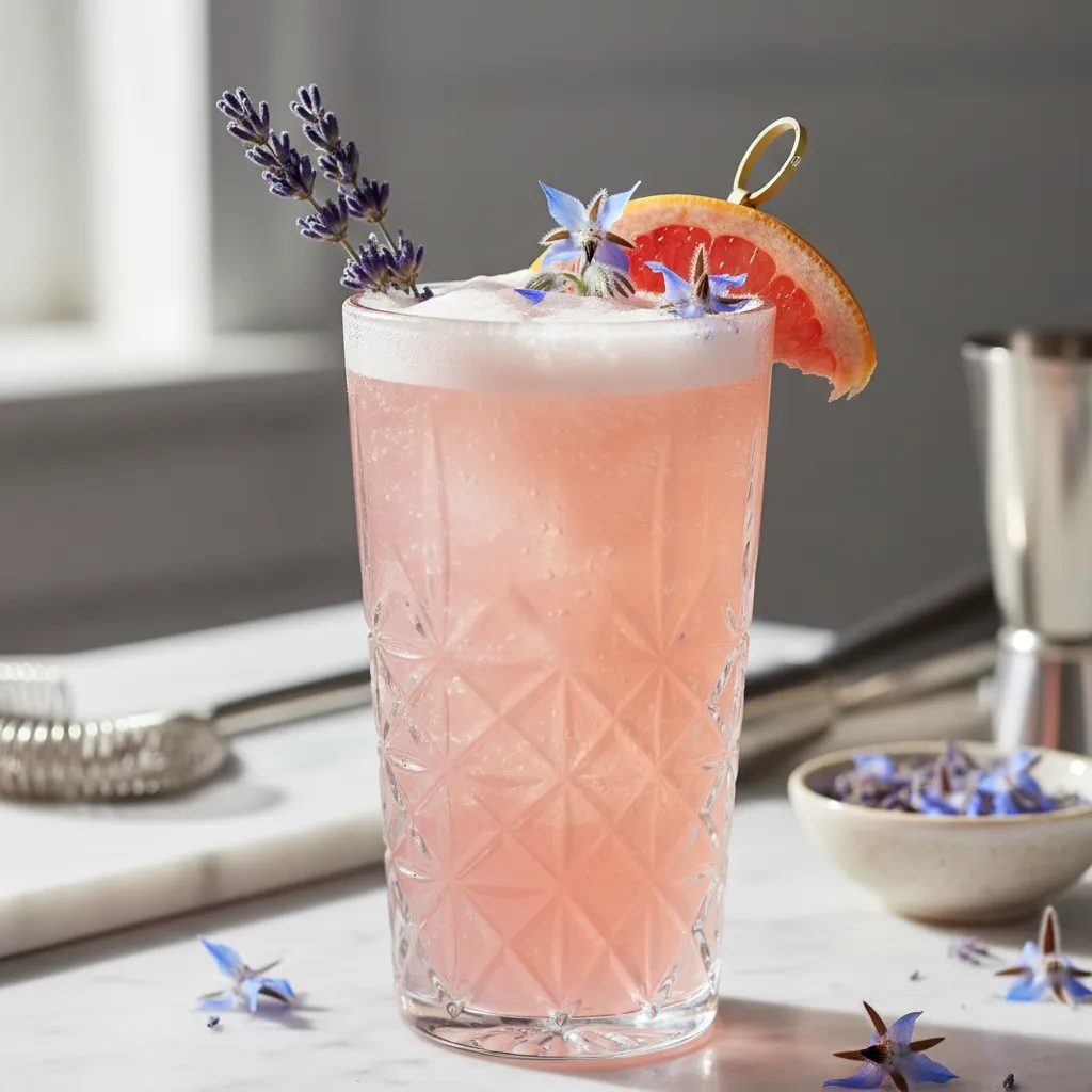 A refreshing glass of lavender and grapefruit herbal fizz mocktail.