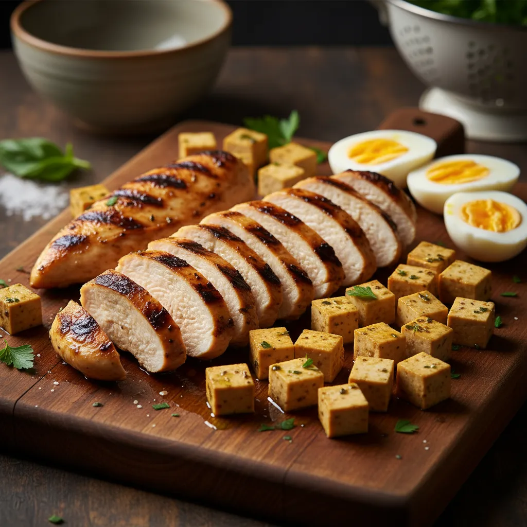 Sliced grilled chicken and tofu cubes on a cutting board