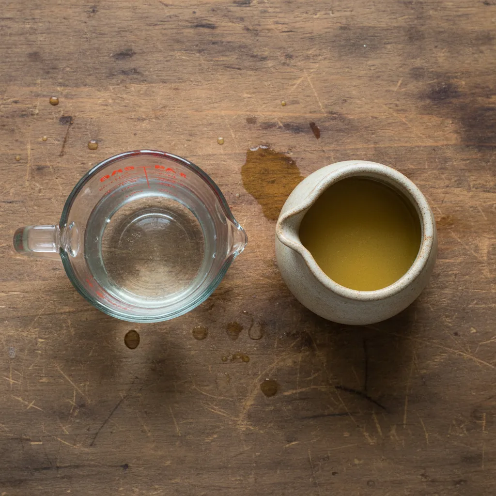 Water and unsalted broth prepared for diluting a salty soup