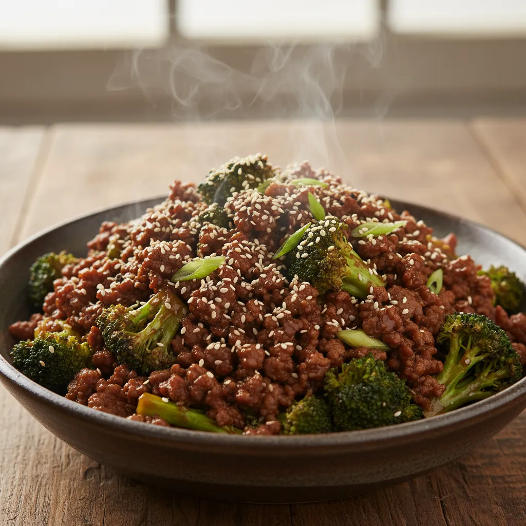 Steaming bowl of healthy keto ground beef and broccoli with sesame seeds