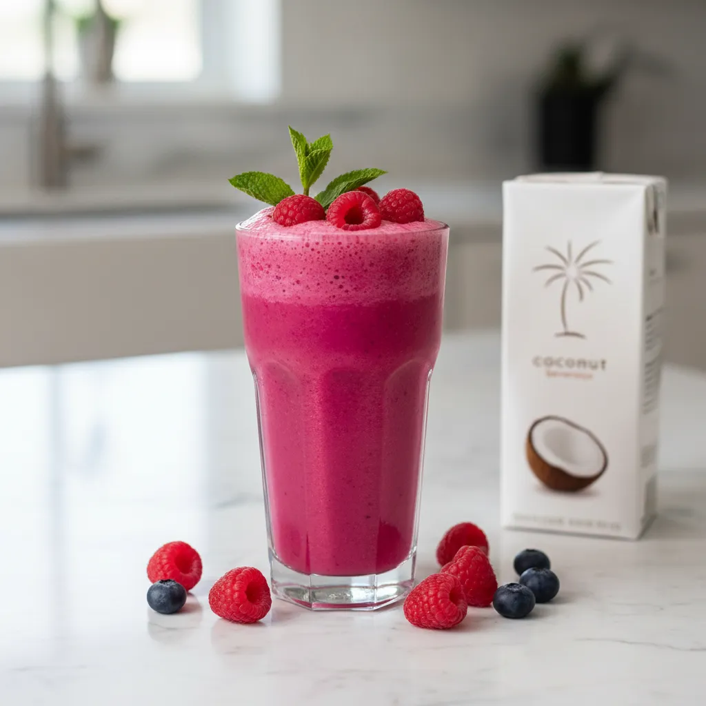 Pink berry MCT protein shake in a tall glass with fresh raspberries