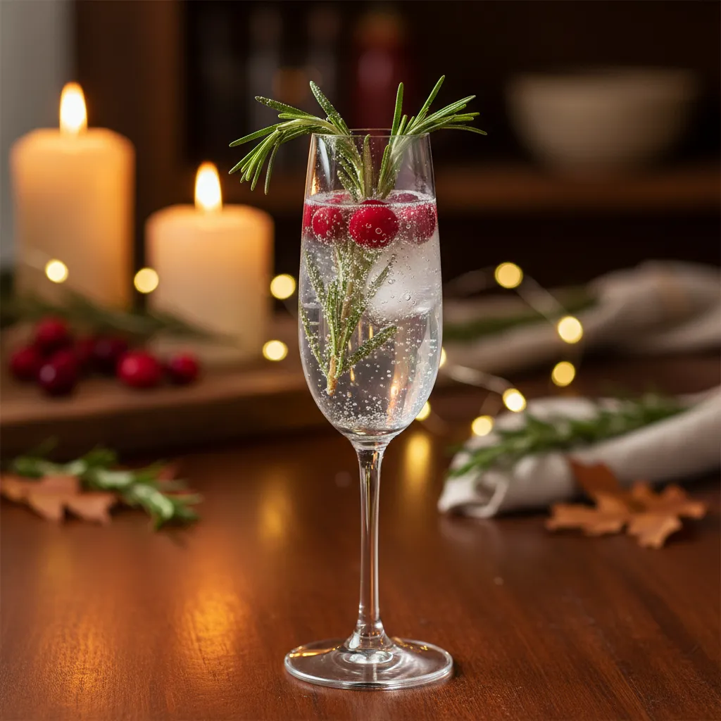 Sparkling cranberry rosemary mocktail in a glass with festive garnishes