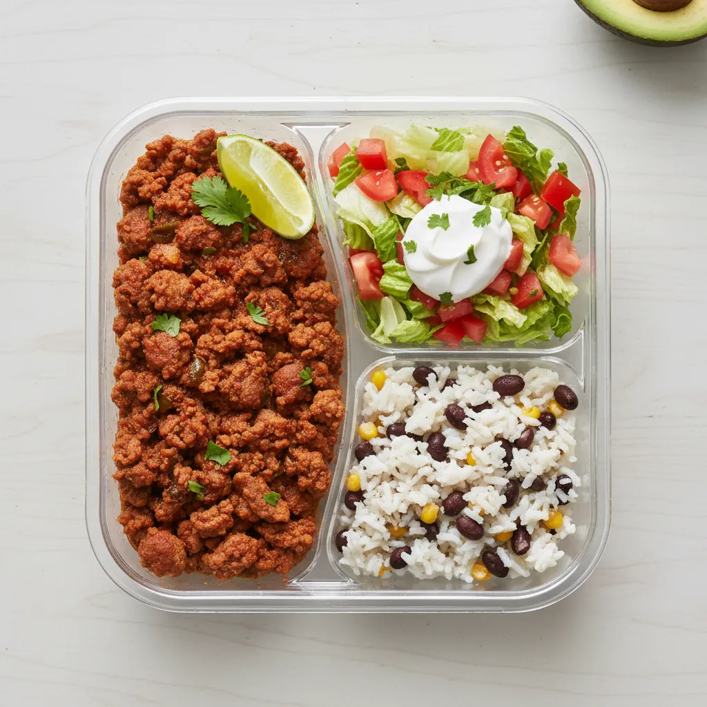 Ground beef taco bowl macro breakdown in a meal prep container