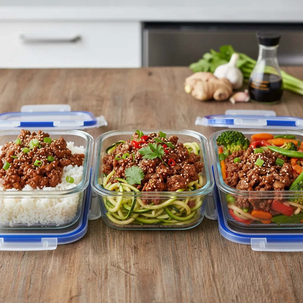Three meal prep containers with varying portions of Korean beef