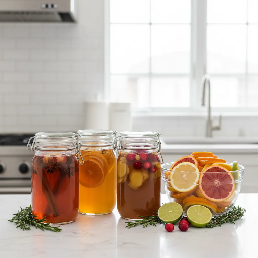 Glass jars of mocktail ingredients prepped on a kitchen counter