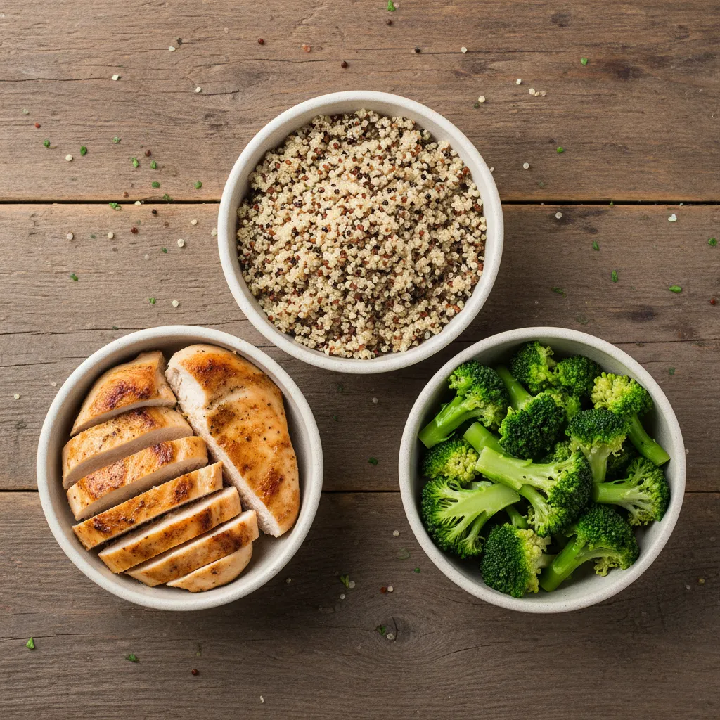 Deconstructed chicken and quinoa bowl ingredients