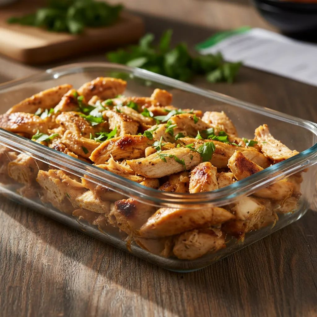 Juicy shredded chicken in a glass container for weekly meal prep