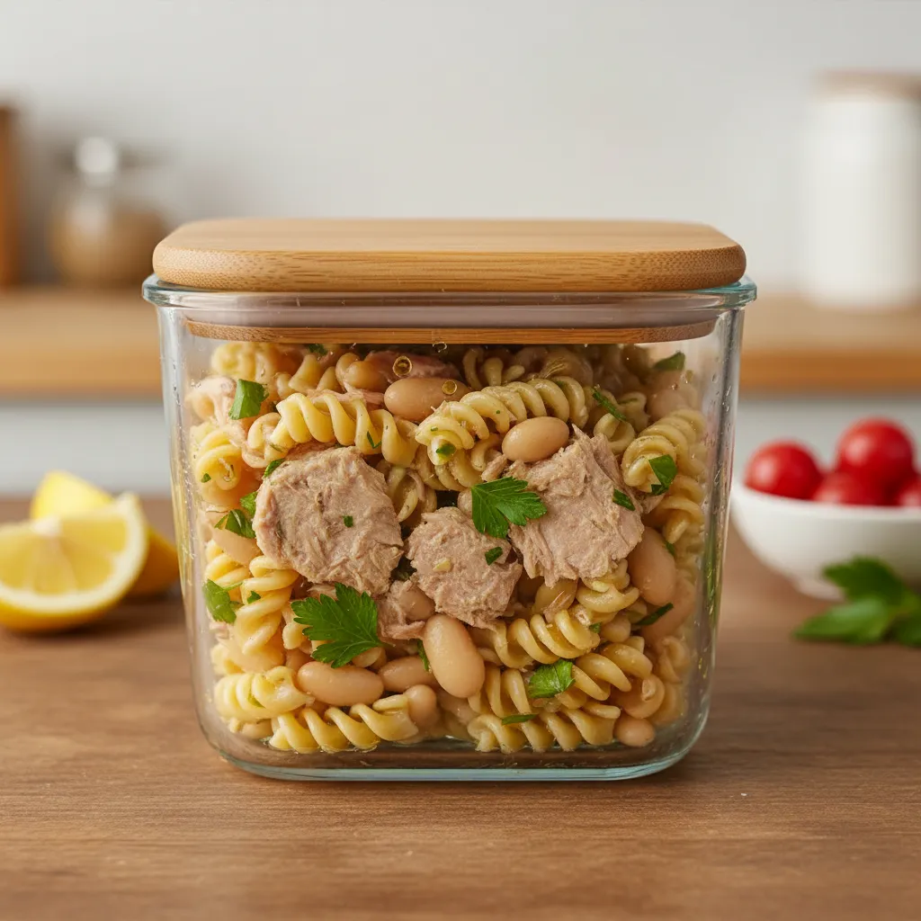 High protein tuna and white bean pasta salad in a meal prep container