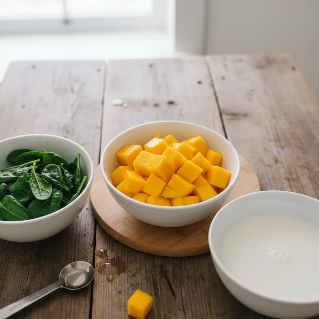 Mise en place of mango, spinach, and coconut milk