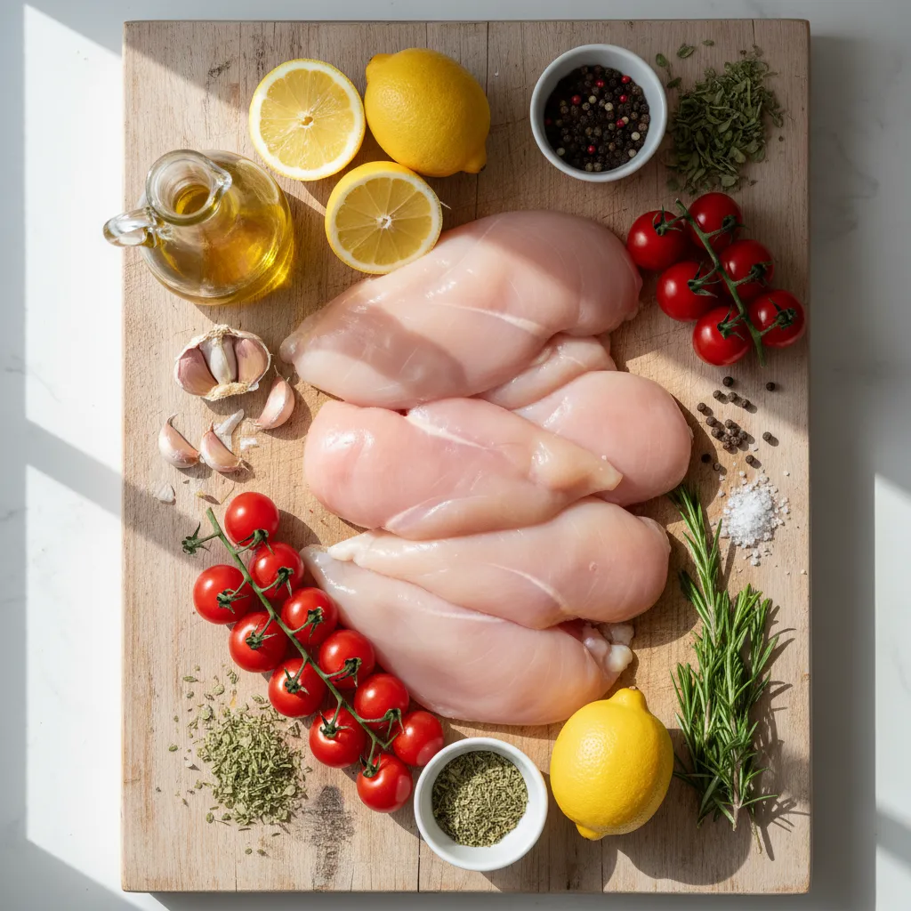 Mise en place of Mediterranean chicken ingredients