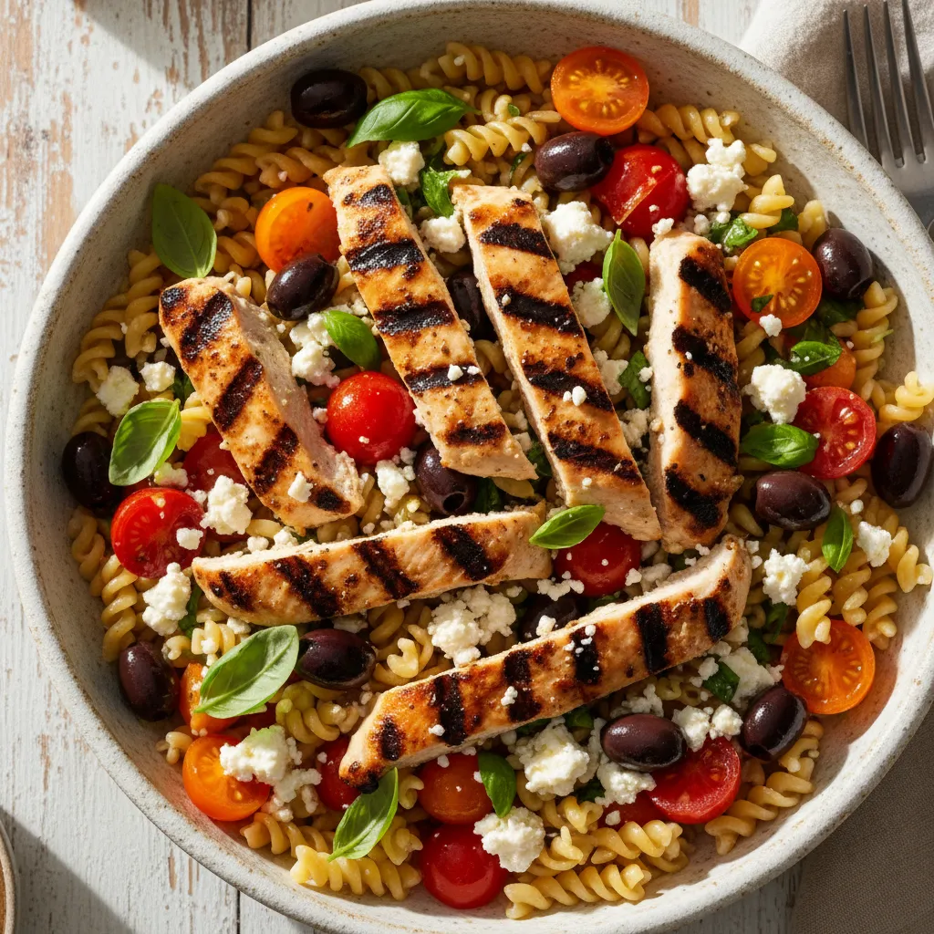 Mediterranean pasta salad bowl with grilled chicken, feta cheese, and olives