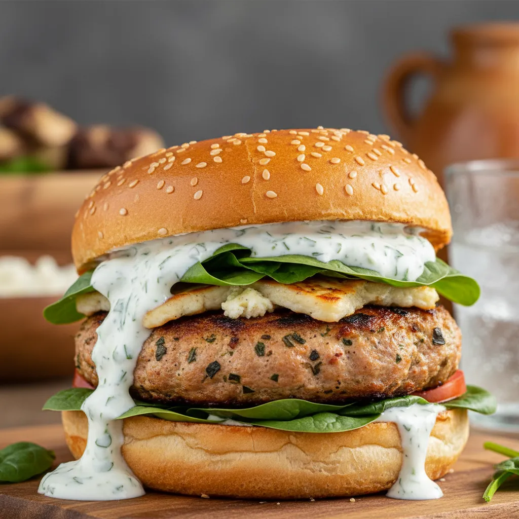 Juicy Mediterranean feta and spinach healthy ground chicken burger on a toasted bun