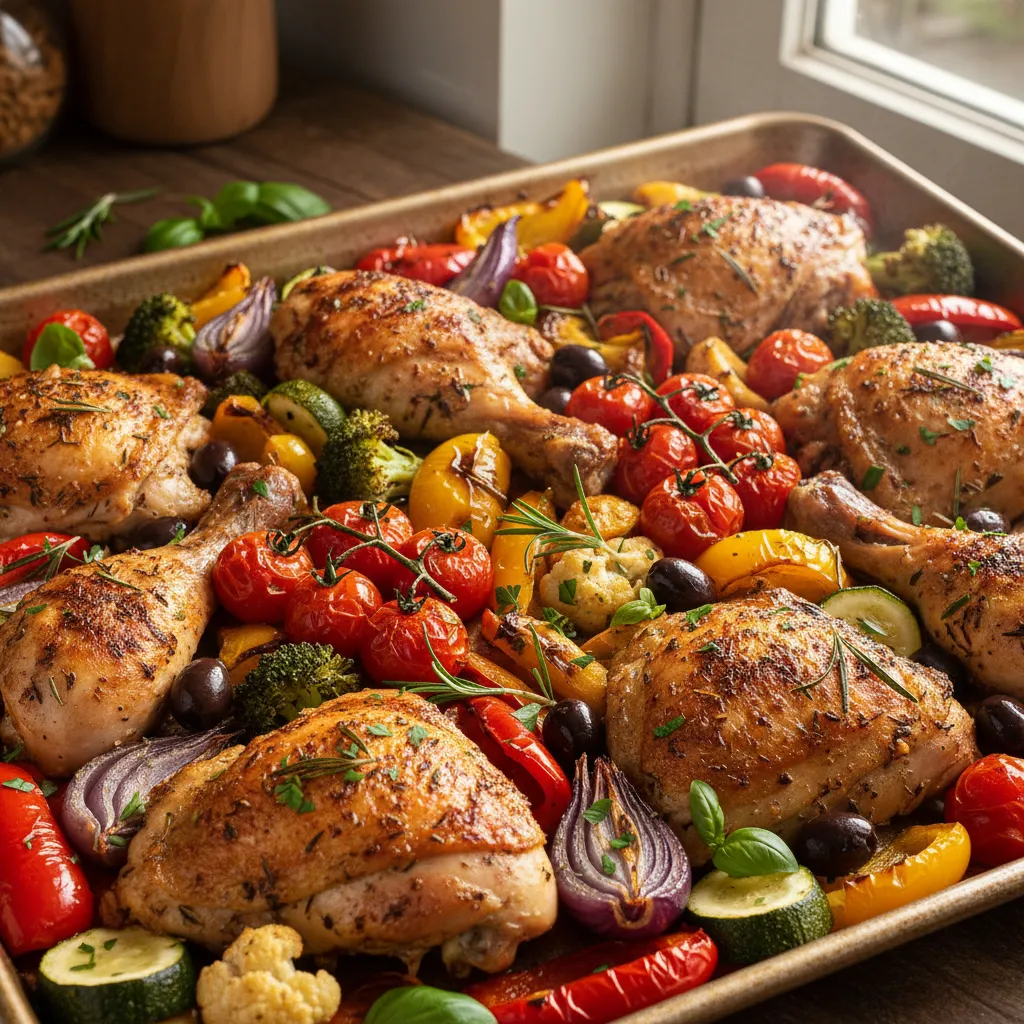 Golden brown Mediterranean sheet pan chicken with roasted vegetables and olives