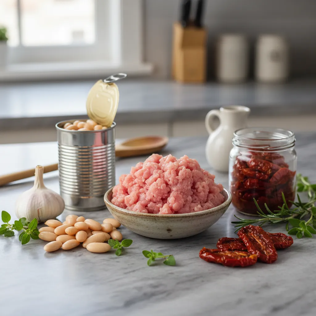 Ingredients for Mediterranean turkey and white bean bowl including ground turkey and beans