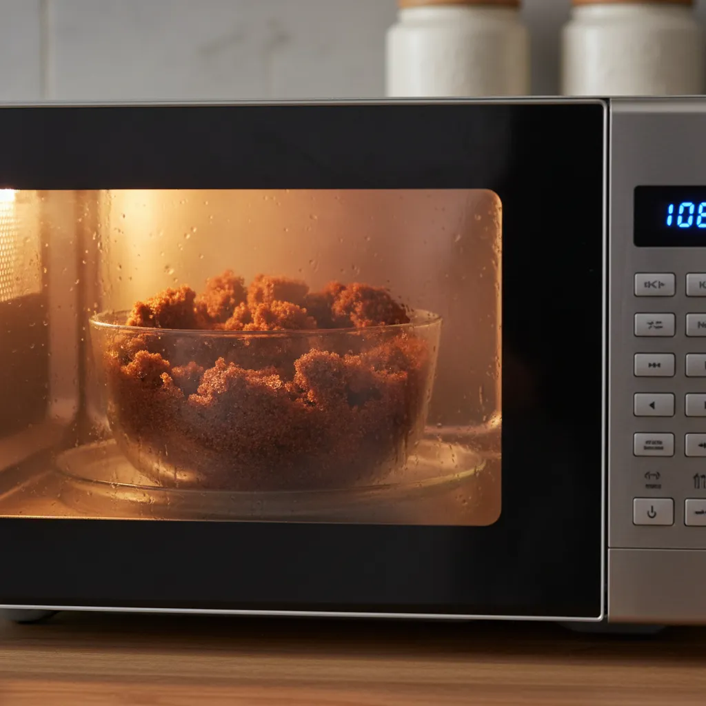 A bowl of softened brown sugar resting inside a microwave ready for baking