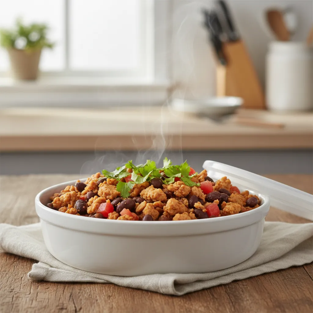 Steaming bowl of ground turkey and black beans garnished with fresh cilantro
