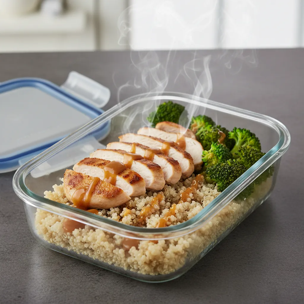 Steaming chicken and quinoa bowl in a glass meal prep container