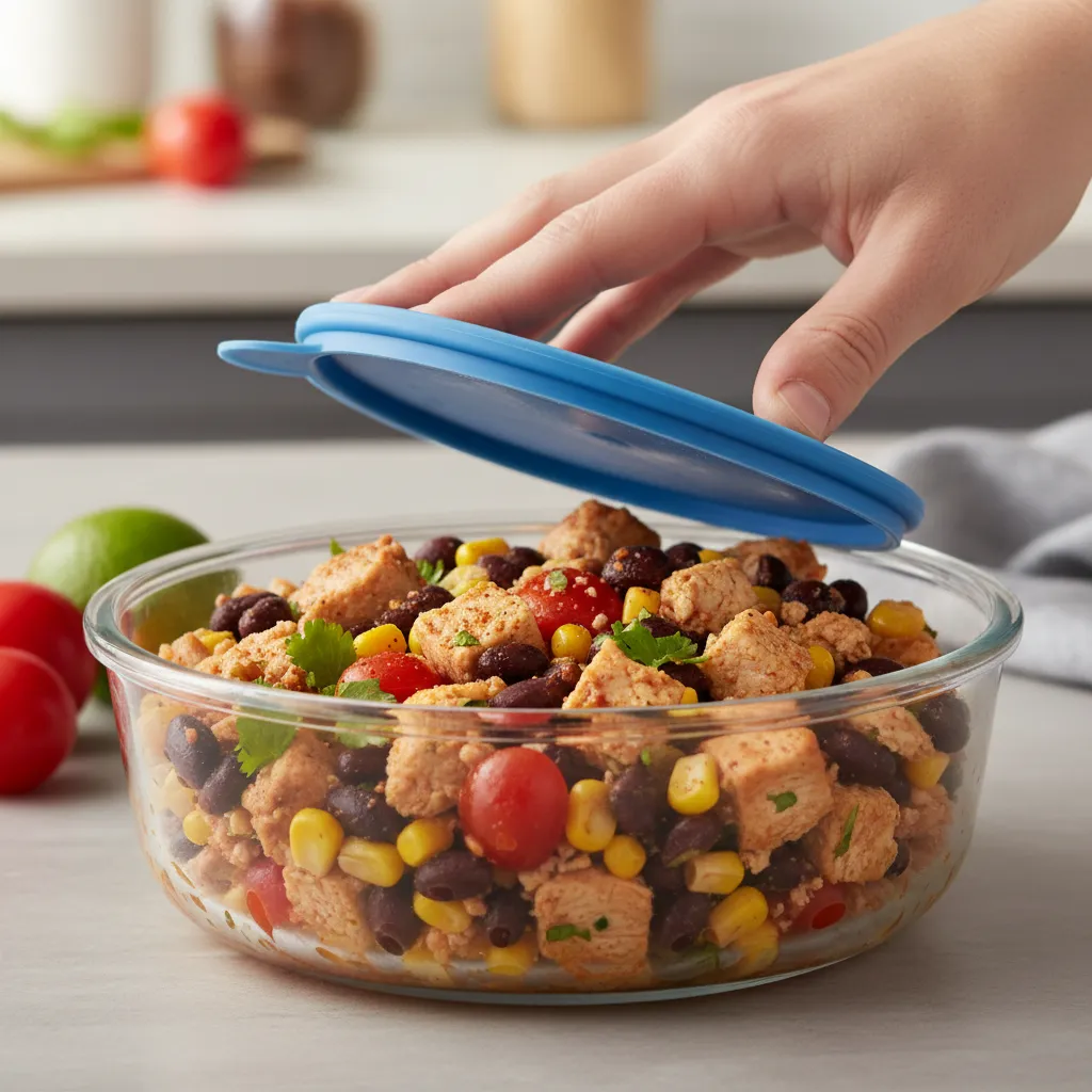 Meal prep container filled with turkey and black beans