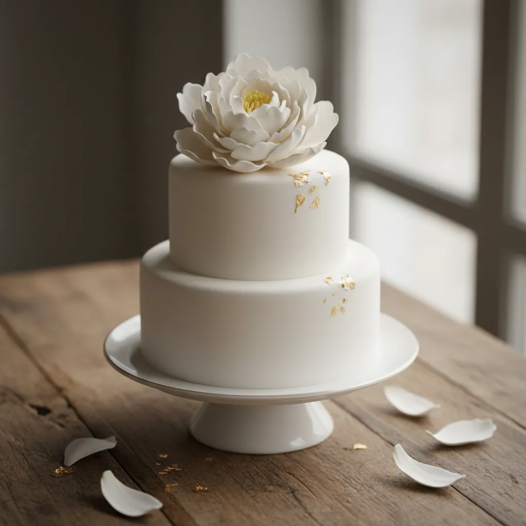 Small elegant wedding cake with a minimalist white sugar peony