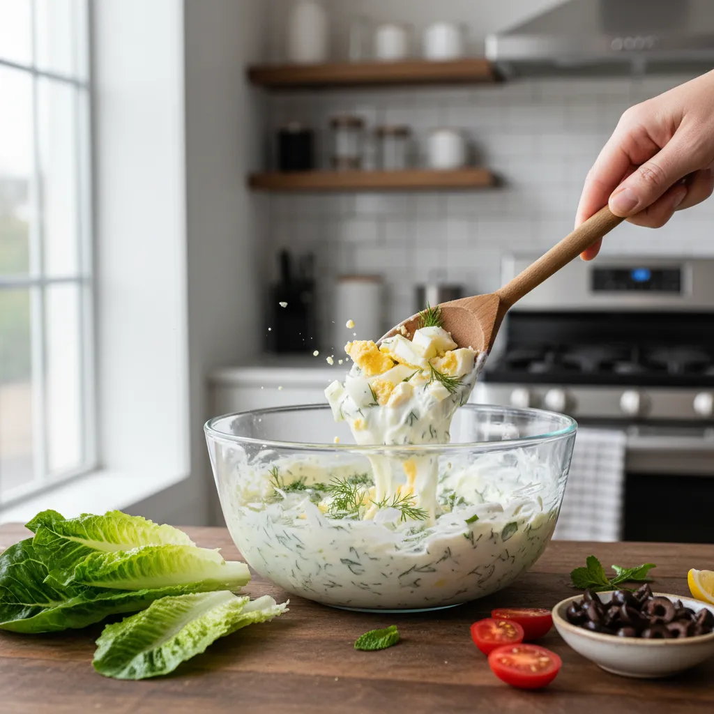 Folding hard-boiled eggs into creamy Greek yogurt dressing