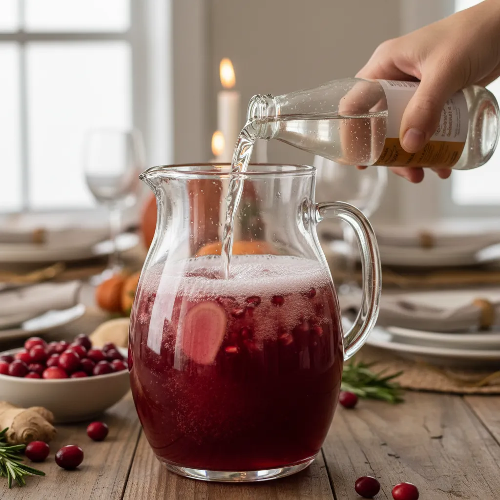 Pouring ginger ale into pomegranate juice.