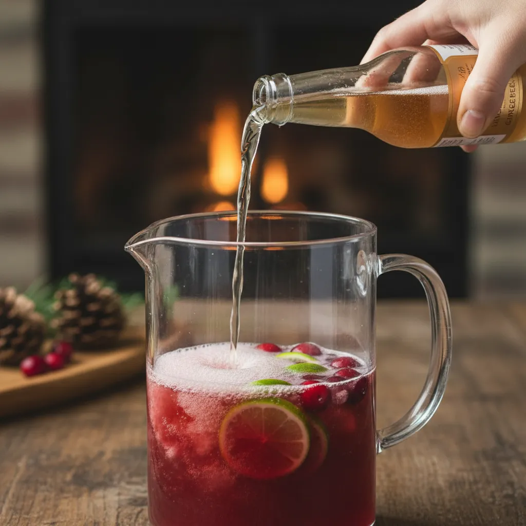 Pouring sparkling water into a cranberry punch pitcher.