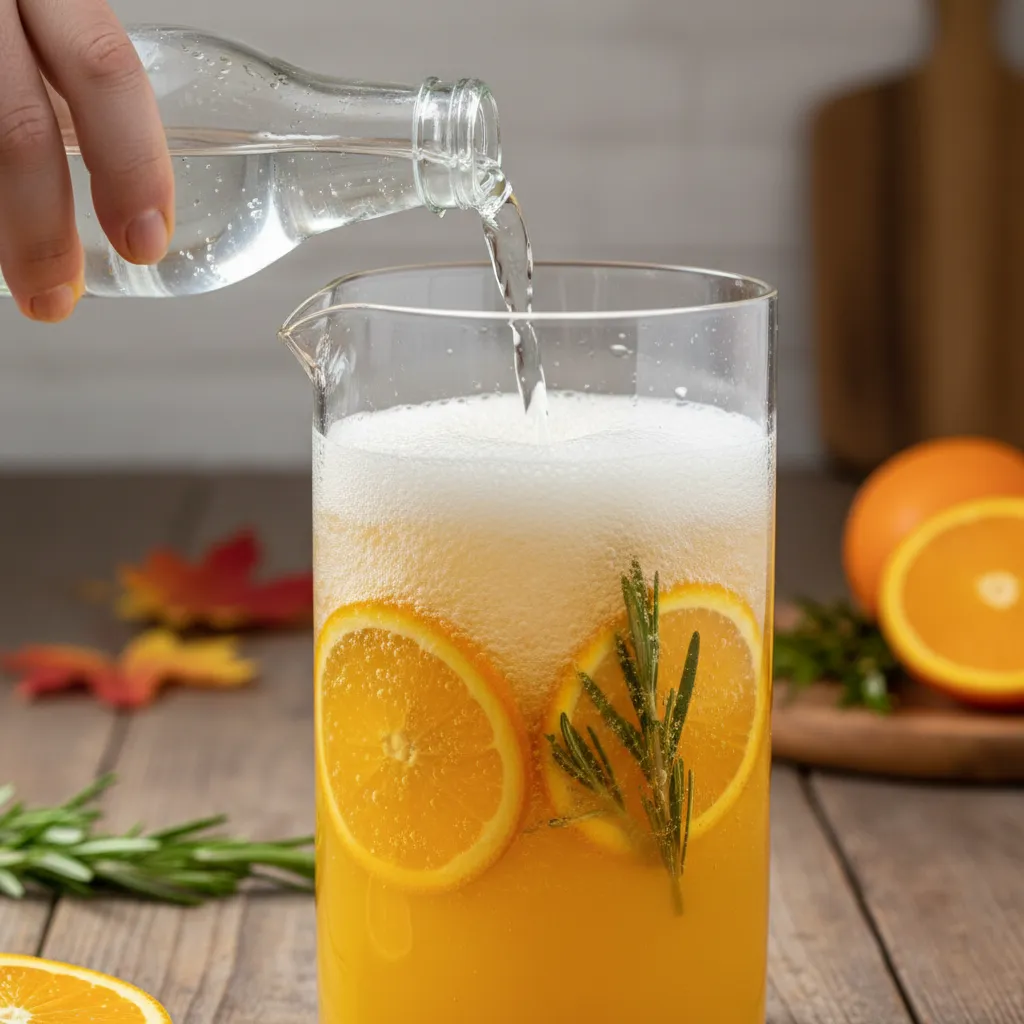 Pouring sparkling water into the rosemary orange mixture.