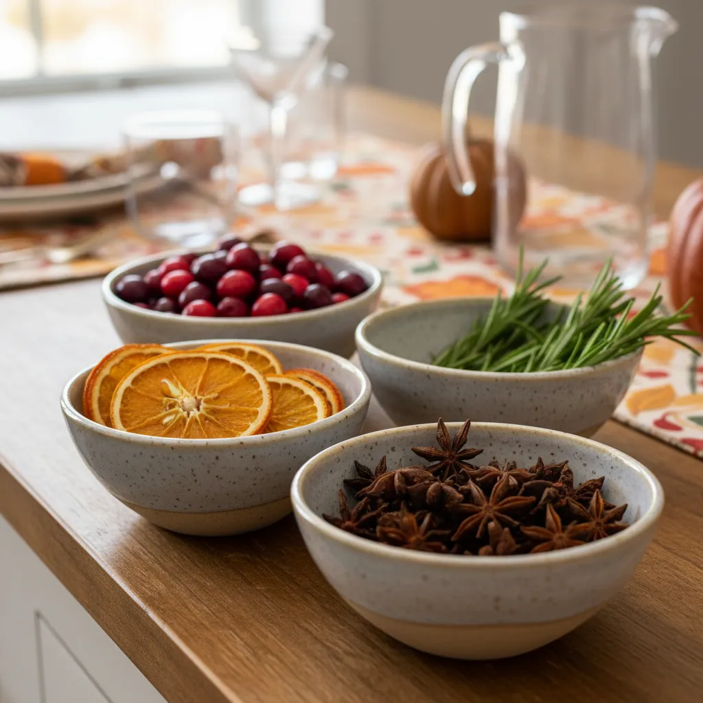Small bowls holding cranberries, rosemary, orange slices, and spices for mocktails