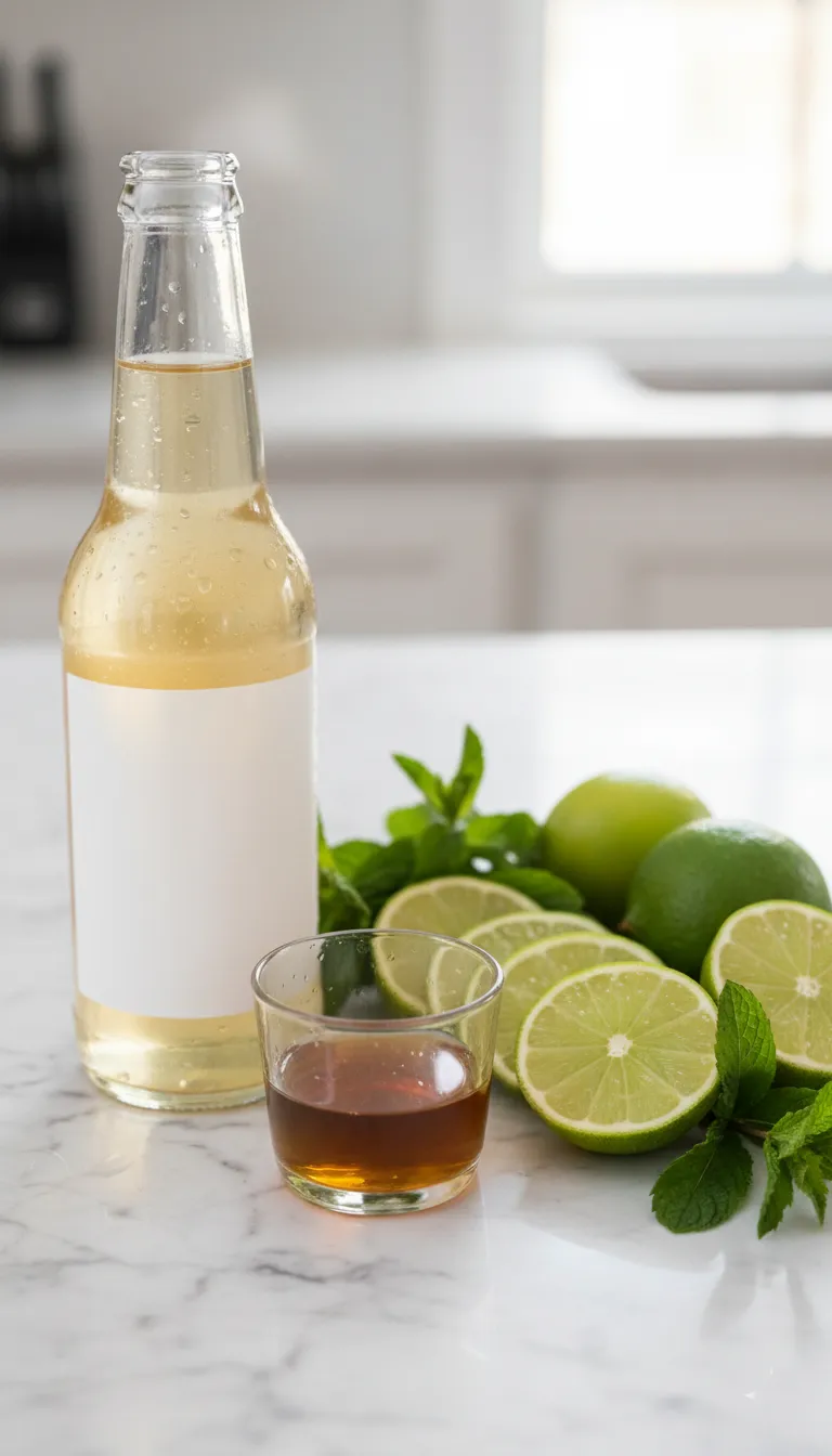 Ingredients for a maple ginger mocktail including limes and maple syrup
