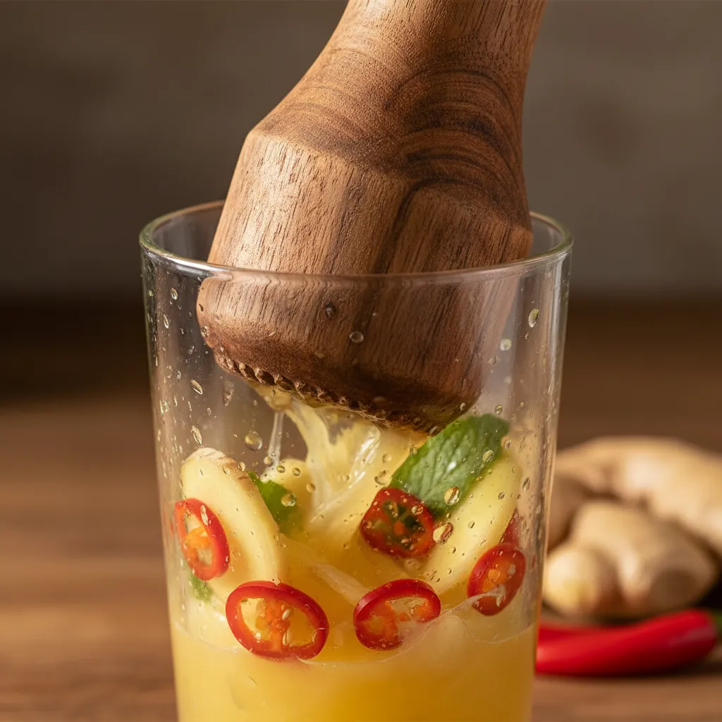 Wooden muddler crushing fresh ginger and chili peppers in a glass