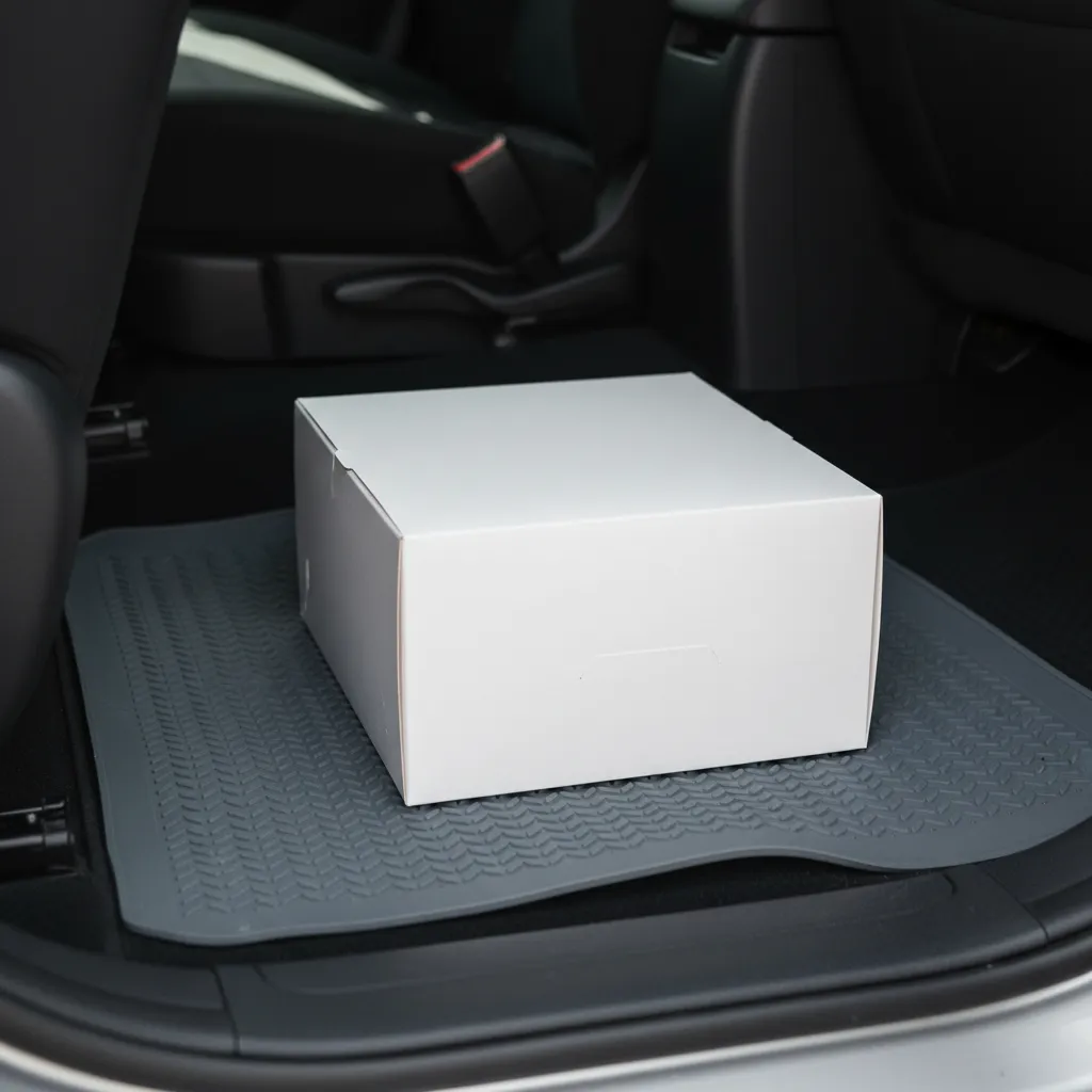 Non-slip silicone mat securing a white cake box in a car
