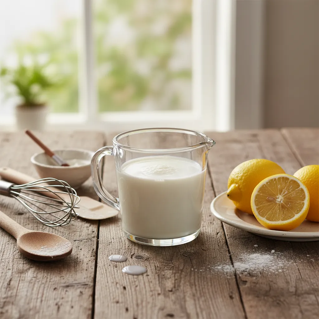 A glass measuring cup holding one cup of milk next to baking ingredients