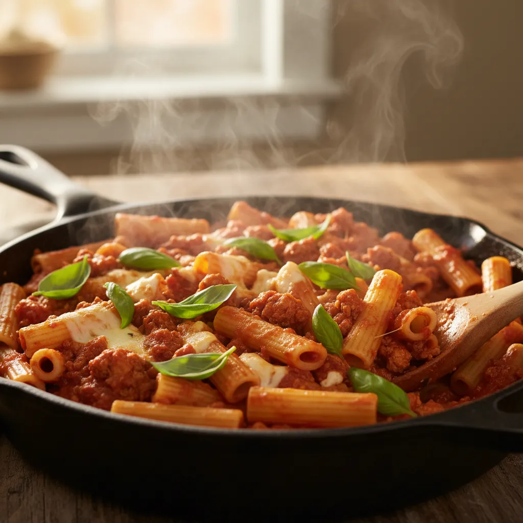 Steaming one-pan ground chicken pasta skillet with fresh herbs