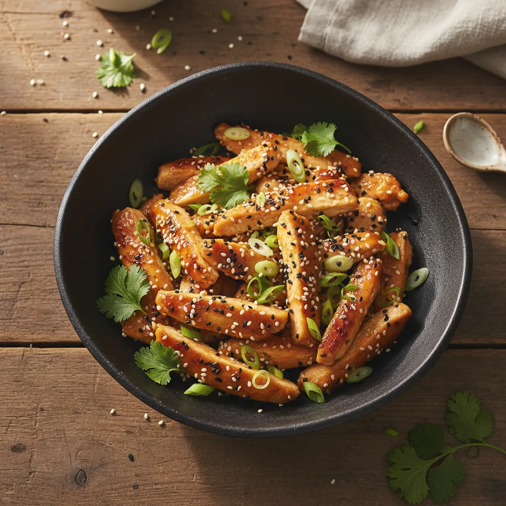 Sliced Asian-inspired sesame ginger chicken garnished with green onions and sesame seeds in a dark bowl