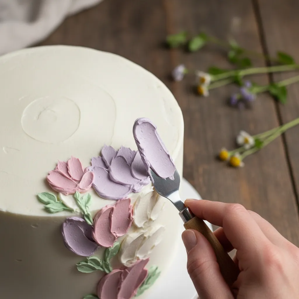 Close up of palette knife applying buttercream petals to a cake