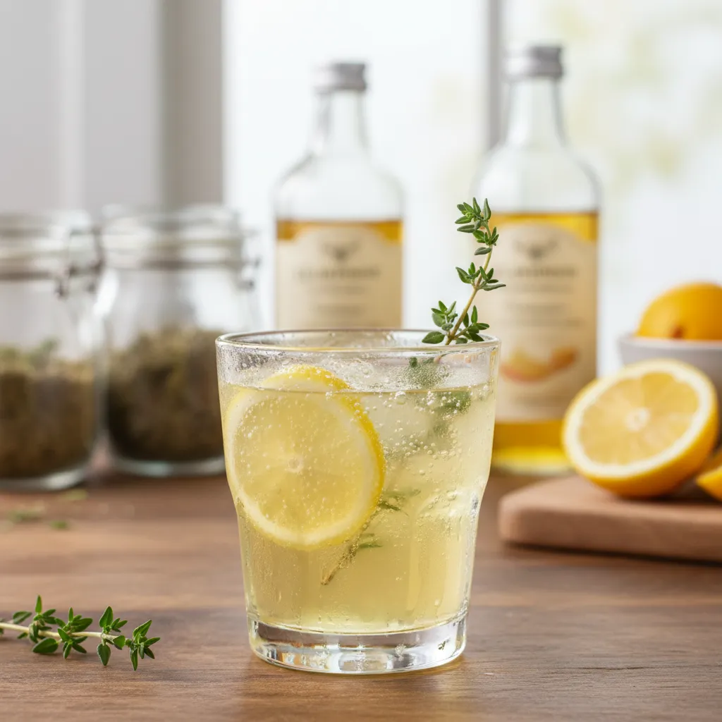 A sparkling yellow mocktail with lemon and thyme garnish
