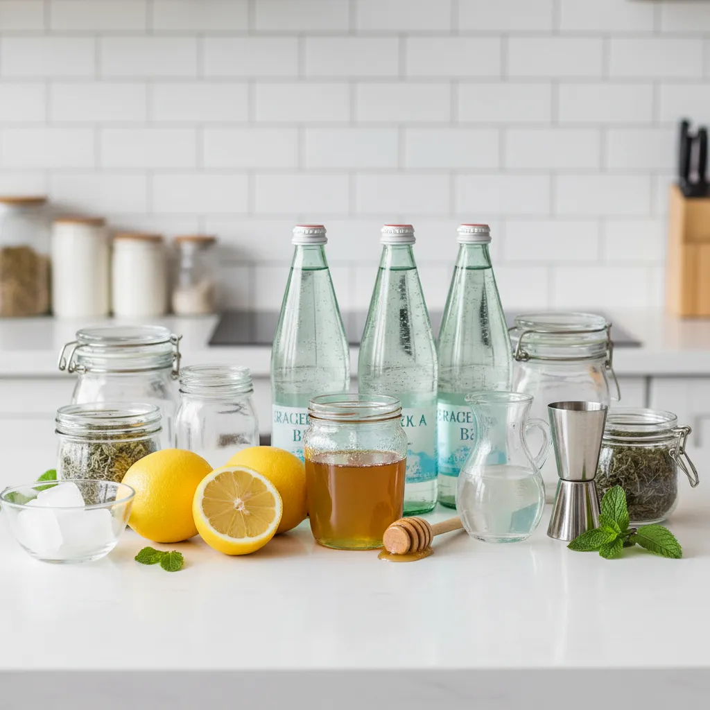Bottles of sparkling water and fresh citrus on a kitchen counter