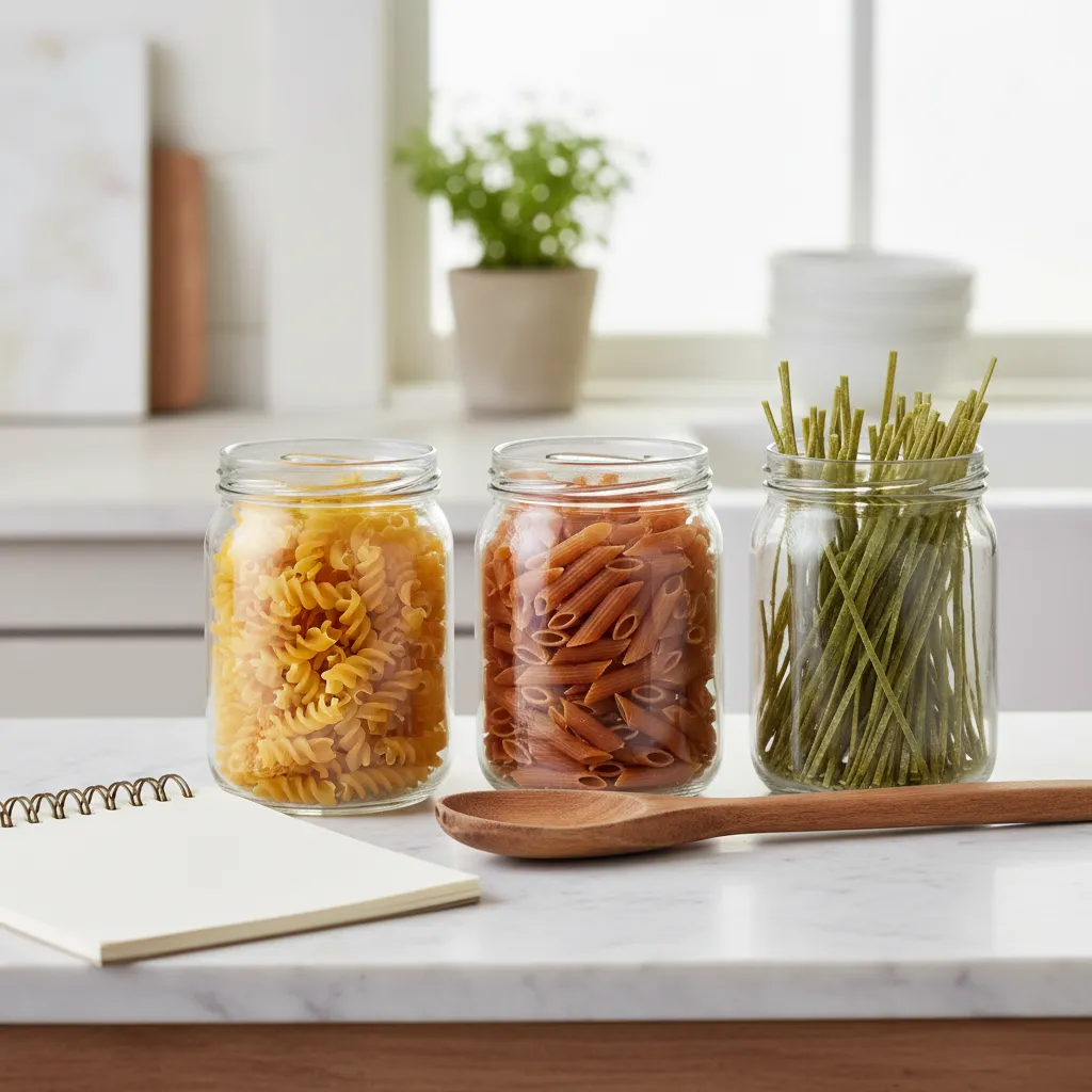 Jars of chickpea lentil and edamame pasta on counter