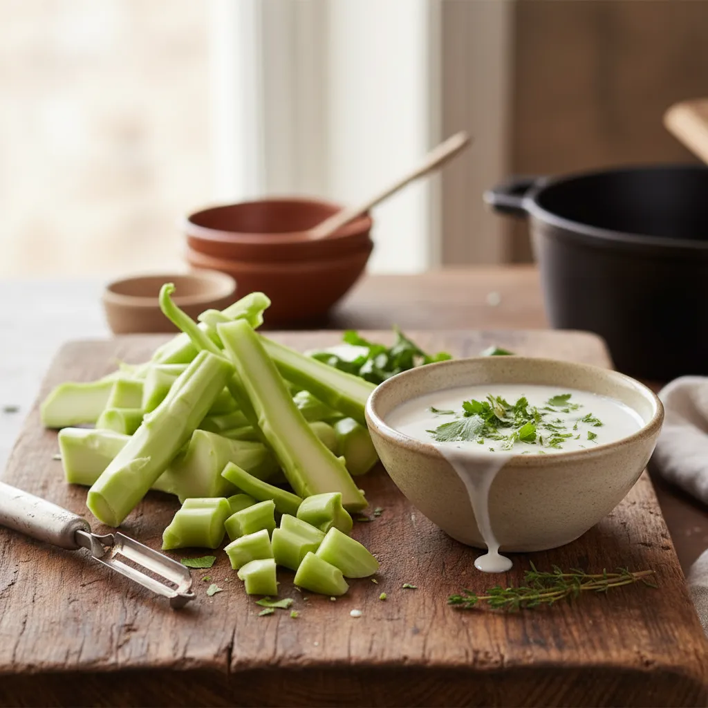 Peeled broccoli stems ready to be blended into a plant-based puree