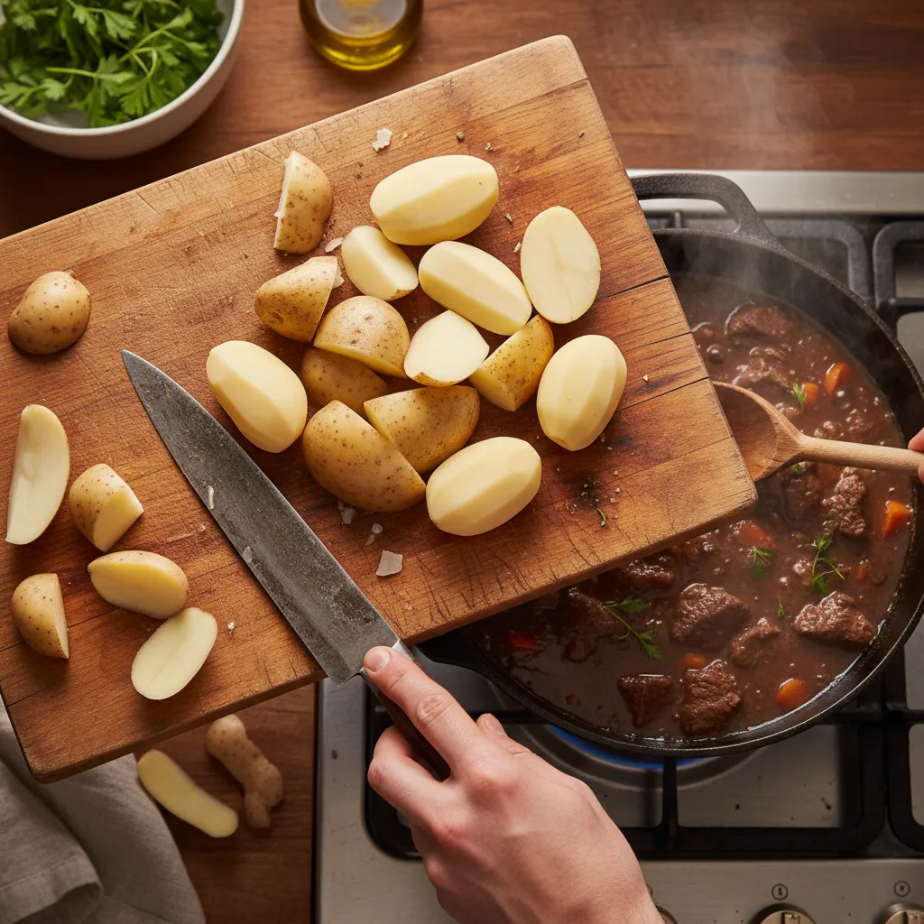 Peeled raw potato chunks prepared on a cutting board to fix salty stew
